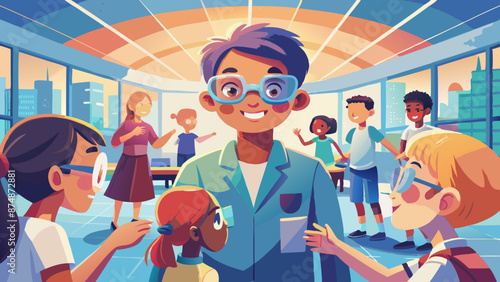 Smiling Teacher Engaging with Diverse Students in Colorful Classroom