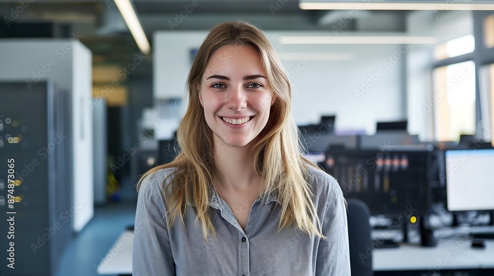 Female IT Professional in Office with Servers and Computers Smiling Enthusiastically Wearing Casual Shirt Female IT Professional in Office with Servers and Computers Smiling Enthusiastically Wearing Casual Shirt
