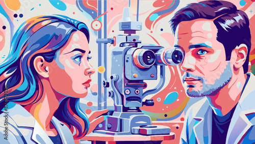Colorful Pop Art Illustration of a Woman and a Man with a Film Camera
