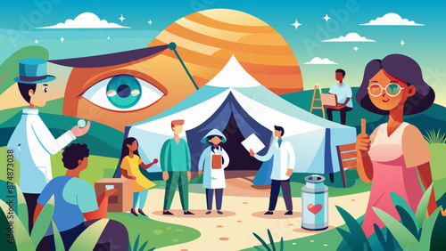 Vibrant Medical Camp Illustration with Healthcare Professionals and Patients