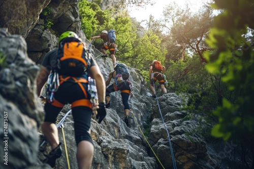 Extreme Rock Climbers Conquering a Steep Cliff with Professional Determination