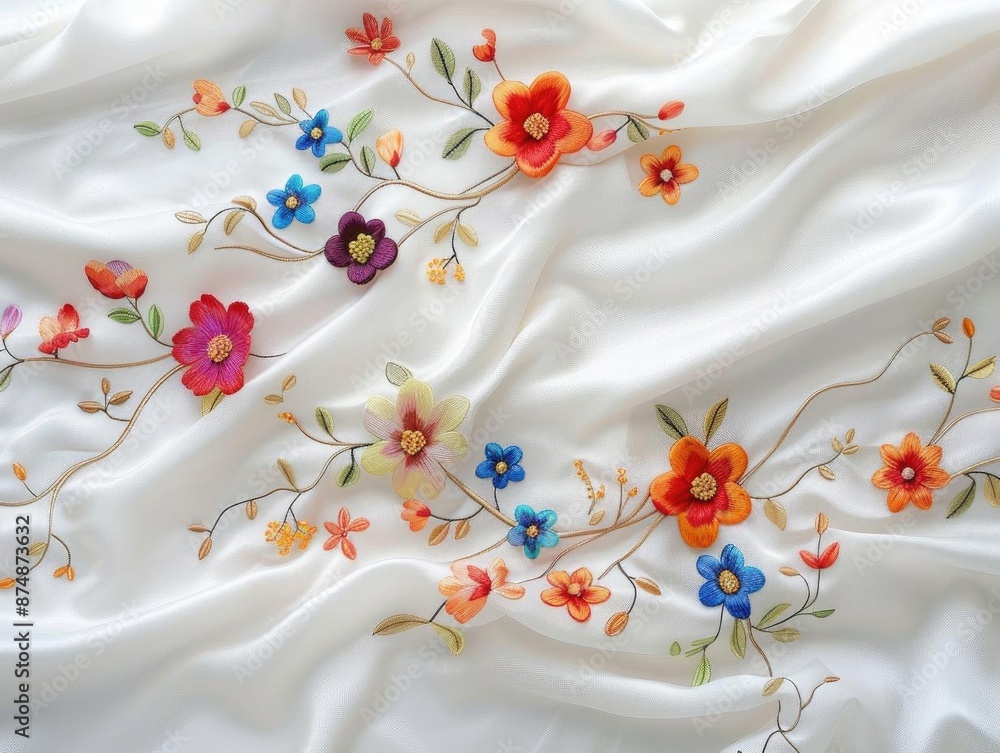 Elegant vine flowers with intricate tendrils, delicate petals, and vibrant colors on a pristine white fabric background Elegant vine flowers with intricate tendrils, delicate petals, and vibrant colors on a pristine white fabric background