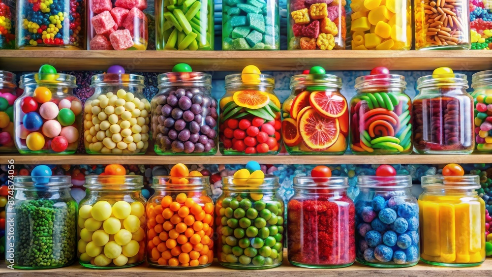 Vibrant rainbow-hued sweets overflow from neatly stacked shelves, showcasing a dazzling array of fruity, sour, and sweet treats in every shape. Vibrant rainbow-hued sweets overflow from neatly stacked shelves, showcasing a dazzling array of fruity, sour, and sweet treats in every shape.