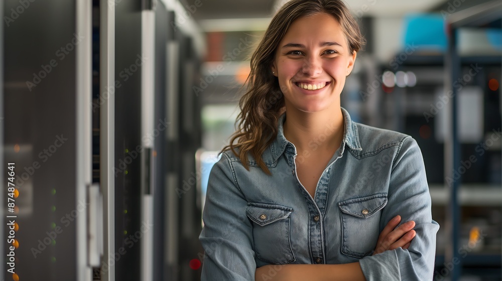 Enthusiastic Female IT Expert in Office with Computers and Servers Wearing Casual Shirt and Smiling Enthusiastic Female IT Expert in Office with Computers and Servers Wearing Casual Shirt and Smiling