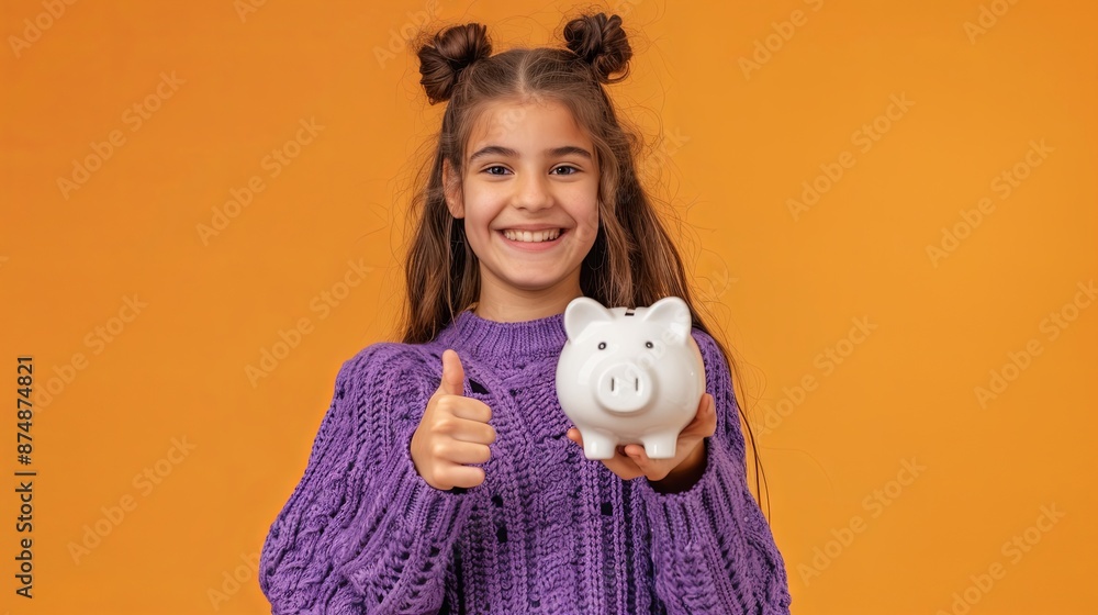 Cheerful little girl in purple sweater holding white piggy bank and showing thumb up on orange background. Concept of savings and financial literacy for children Cheerful little girl in purple sweater holding white piggy bank and showing thumb up on orange background. Concept of savings and financial literacy for children