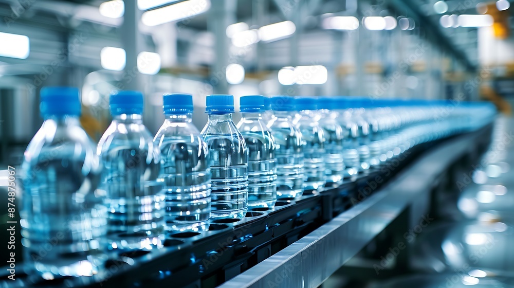 Line of bottling beverages in plastic bottles on clean light factory Line of bottling beverages in plastic bottles on clean light factory