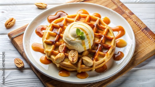 Delectable dessert waffle piled high with scoops of creamy ice cream, sliced banana, and drizzled with rich caramel sauce on white plate. photo