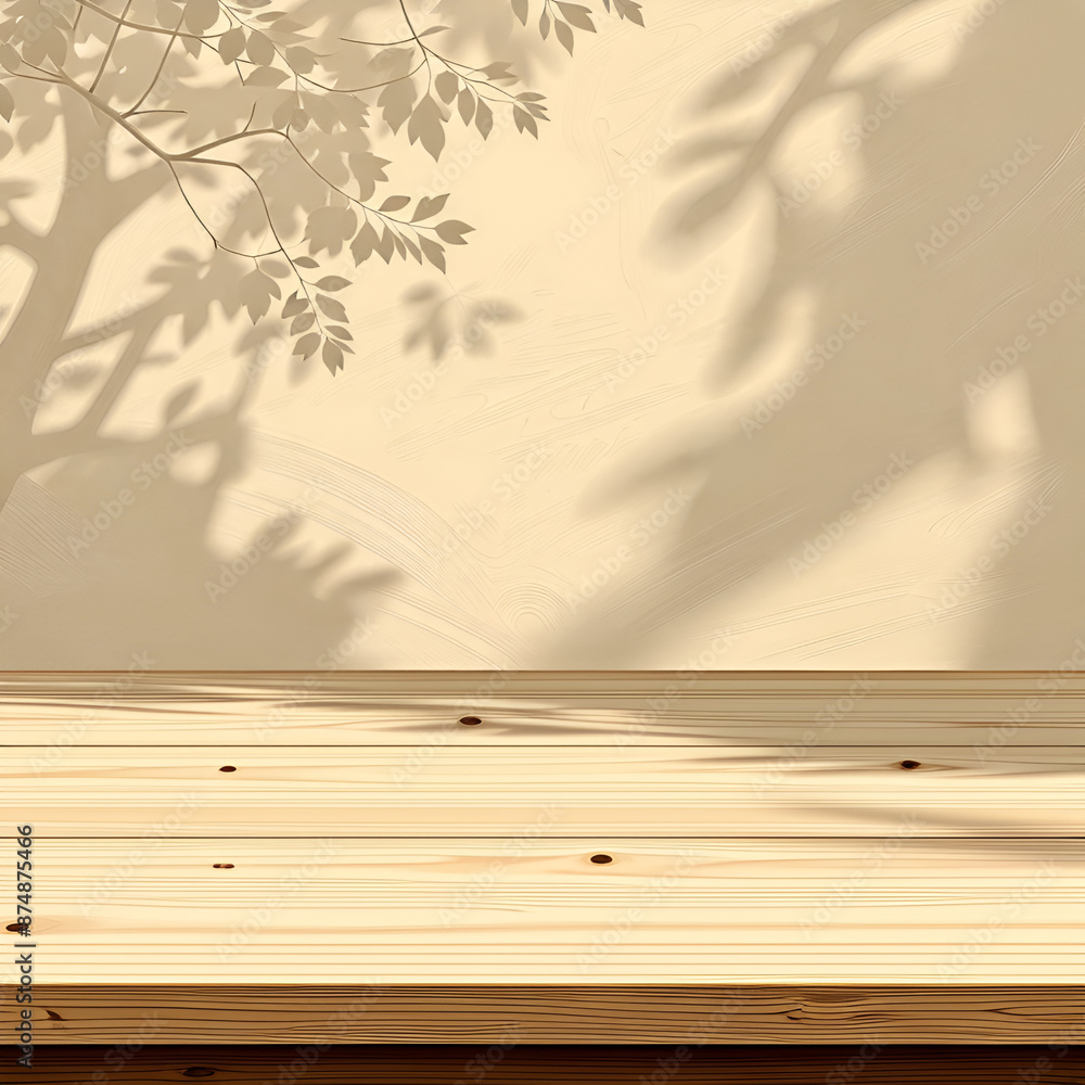 Empty wood table top on beige wall texture with tree leaves shadow background Empty wood table top on beige wall texture with tree leaves shadow background