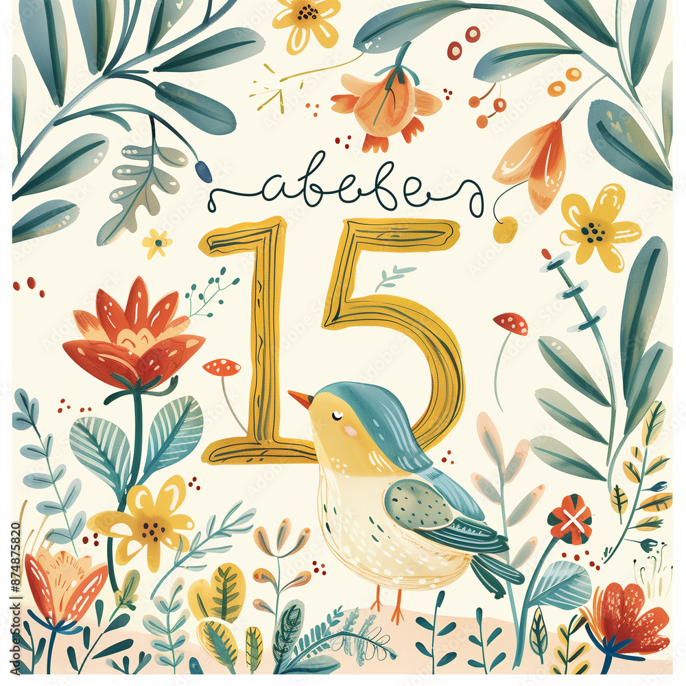 Obraz premium pattern with flowers and birds and number 15