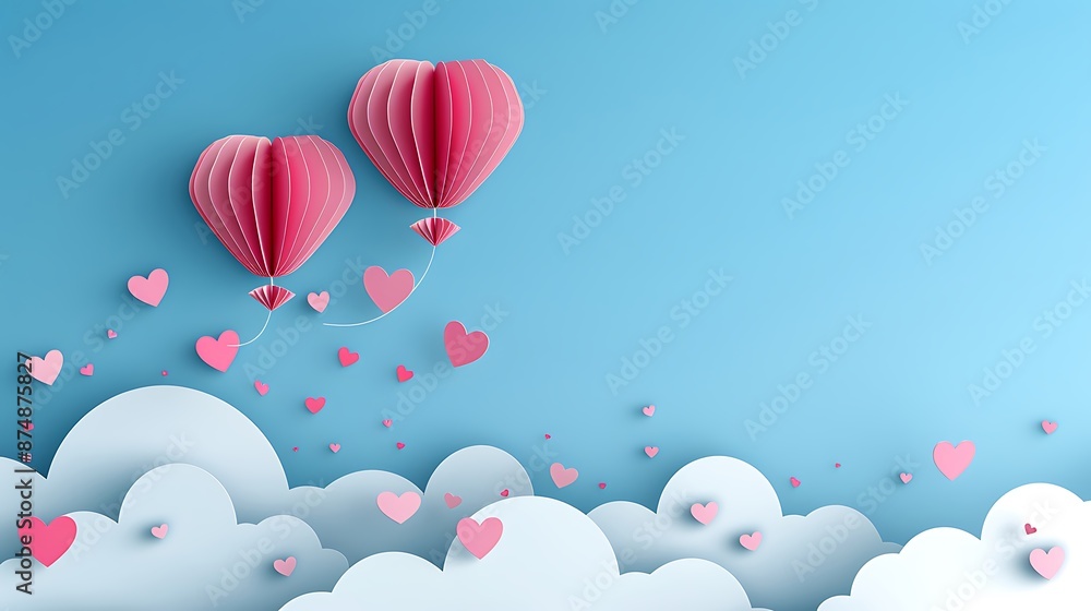Pink paper heart balloons floating above fluffy white clouds against a blue sky background. Pink paper heart balloons floating above fluffy white clouds against a blue sky background.