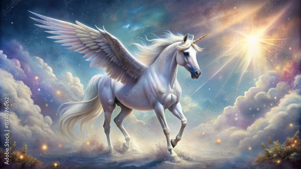 Ethereal side view of a gleaming unicorn amidst soft pastel hues and subtle mist, evoking whimsical fantasy in a serene atmosphere.
