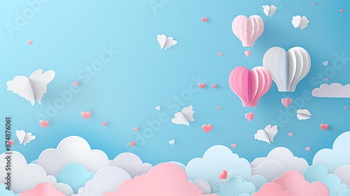 Pink and white paper hot air balloons floating in a blue sky with clouds and butterflies