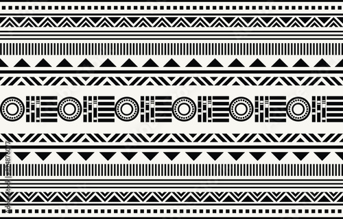 Ethnic tribal black and white background. Seamless tribal stripe pattern, folk embroidery, tradition geometric Aztec ornament. Tradition Native  design for fabric, textile, print, rug, paper