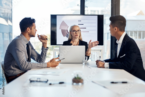 Wallpaper Mural Business people, planning and woman in boardroom for meeting, teamwork and brainstorming. Company merger, men and project manager for explain, feedback and marketing review with charts by tv screen Torontodigital.ca