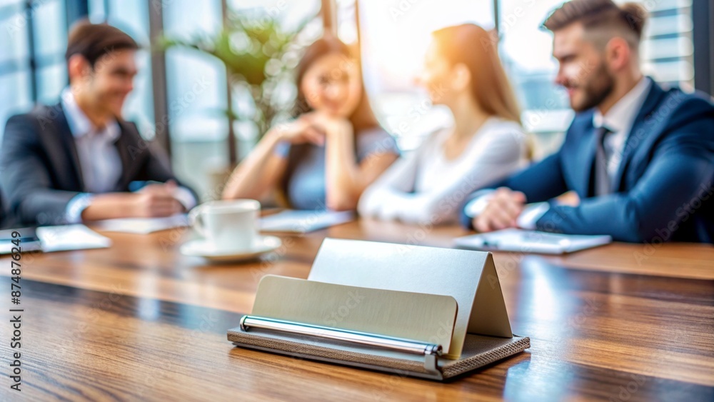 Business Card Holder with Blurred Team Meeting Background. Perfect for: Business Blogs, Corporate Presentations, Office Advertisements, Networking Events Business Card Holder with Blurred Team Meeting Background. Perfect for: Business Blogs, Corporate Presentations, Office Advertisements, Networking Events