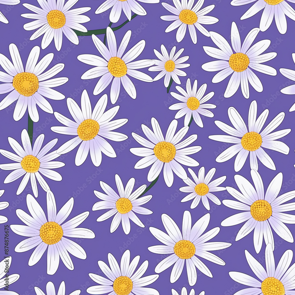 A seamless pattern of white daisies in a purple background A seamless pattern of white daisies in a purple background