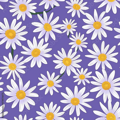 A seamless pattern of white daisies in a purple background