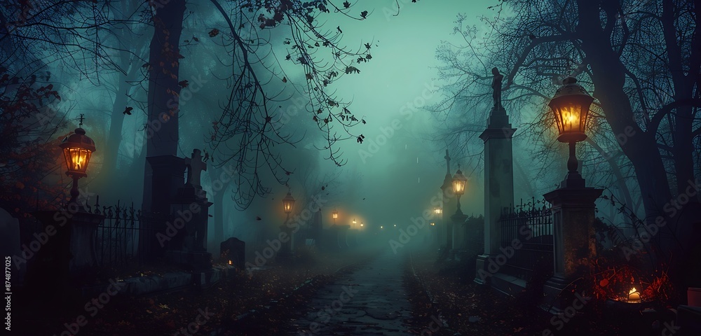 An eerie Halloween backdrop with glowing pumpkins, flitting bats, and vibrant ghosts. The empty space in the center creates a chilling focal point isolated on the different color background An eerie Halloween backdrop with glowing pumpkins, flitting bats, and vibrant ghosts. The empty space in the center creates a chilling focal point isolated on the different color background