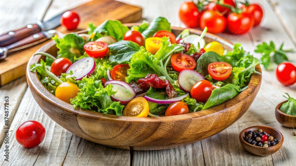 Fresh green mix salad with cherry tomatoes, cucumbers, and carrots in a rustic wooden bowl on a clean white background. Fresh green mix salad with cherry tomatoes, cucumbers, and carrots in a rustic wooden bowl on a clean white background.