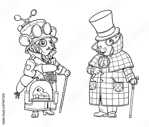 Funny guinea pig and mouse dressed as detectives. Coloring page with funny steampunk animal characters.