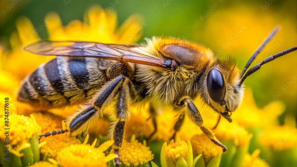 Close-up of a solitary male Tawny-legged Furrow Bee with yellow stripes and brown body amidst soft focus flora background. Close-up of a solitary male Tawny-legged Furrow Bee with yellow stripes and brown body amidst soft focus flora background.