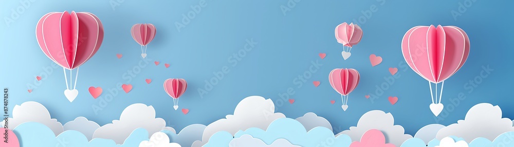 Pink paper hot air balloons floating over fluffy clouds against a blue sky Pink paper hot air balloons floating over fluffy clouds against a blue sky