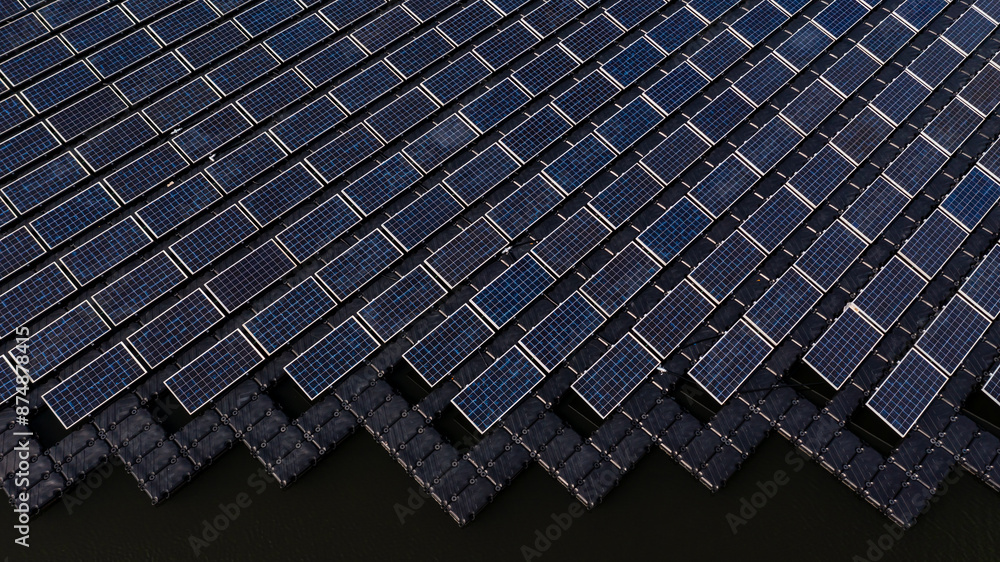 Aerial view solar cell panels farm power plant on water, Solar cell panels farm power plant eco technology alternative sustainable resources and renewable energy, Solar panel environment friendly.
