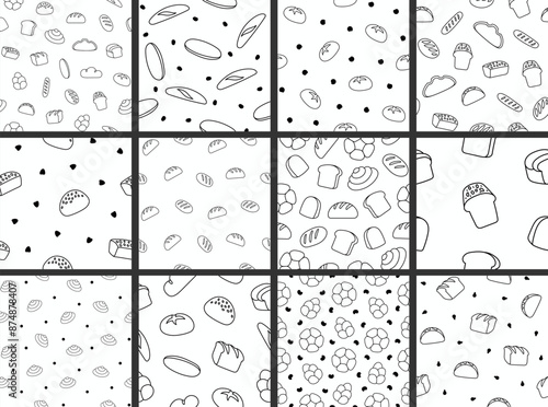 Bread. Seamless pattern. Coloring Page. Loaf food, bakery baget, pastry grain. Hand drawn style. Vector drawing. Collection of design ornaments.