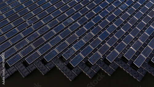 Obraz na płótnie Aerial view solar cell panels farm power plant on water, Solar cell panels farm power plant eco technology alternative sustainable resources and renewable energy, Solar panel environment friendly. w salonie