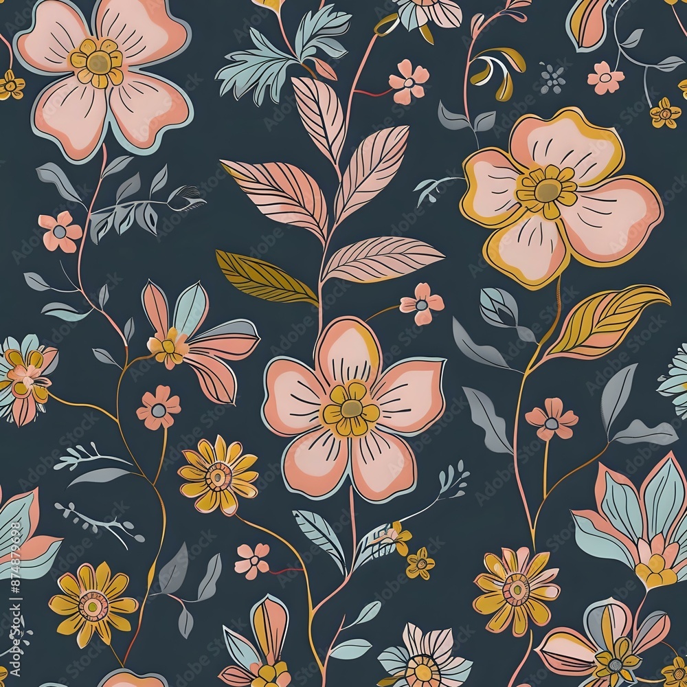 Floral Grid Pattern in Blue, Green, and Pink Floral Grid Pattern in Blue, Green, and Pink