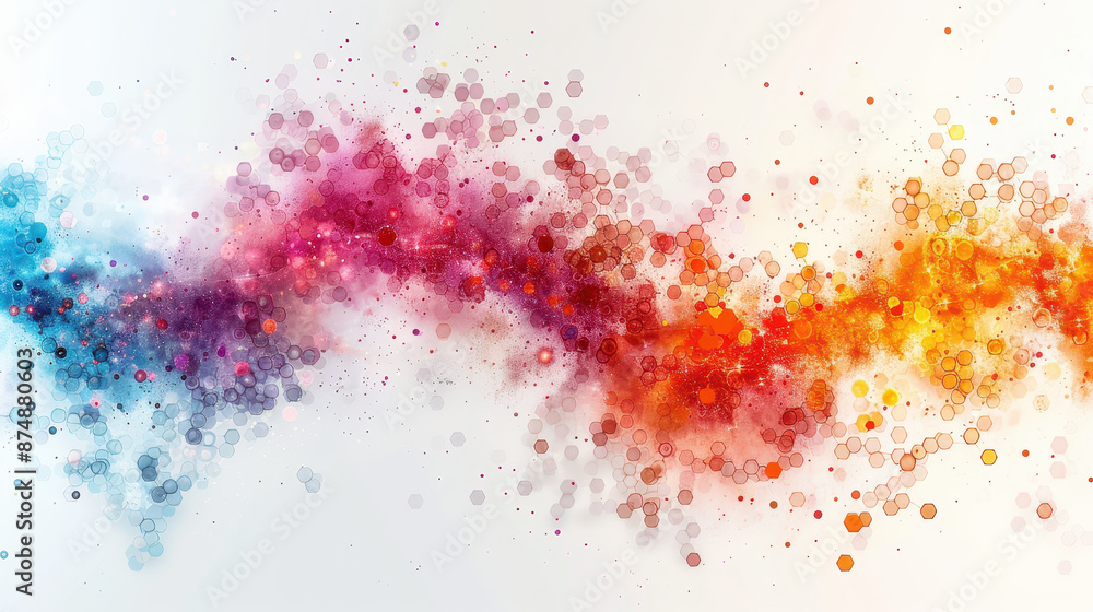 Dynamic abstract image featuring a wave of colorful hexagonal particles, creating a vibrant and energetic pattern on a light background Dynamic abstract image featuring a wave of colorful hexagonal particles, creating a vibrant and energetic pattern on a light background