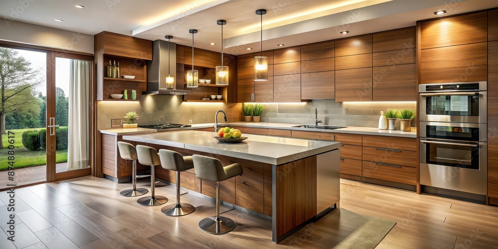 Modern kitchen with warm tones and sleek finishes, modern, kitchen, interior, warm, tones, sleek, finishes, contemporary Modern kitchen with warm tones and sleek finishes, modern, kitchen, interior, warm, tones, sleek, finishes, contemporary