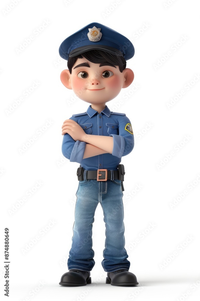 3D Of A Little Boy With A Police Officer Pose, White Background, Detailed Textures, Vibrant Colors 3D Of A Little Boy With A Police Officer Pose, White Background, Detailed Textures, Vibrant Colors