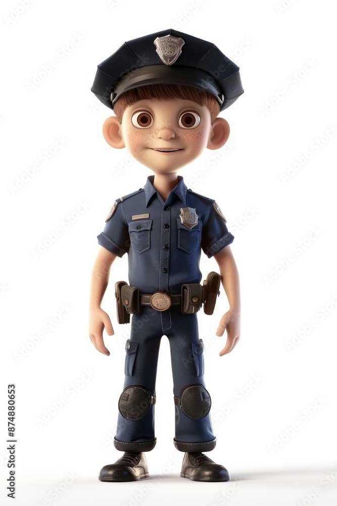 3D Of A Little Boy With A Police Officer Pose, White Background, Detailed Textures, Vibrant Colors 3D Of A Little Boy With A Police Officer Pose, White Background, Detailed Textures, Vibrant Colors