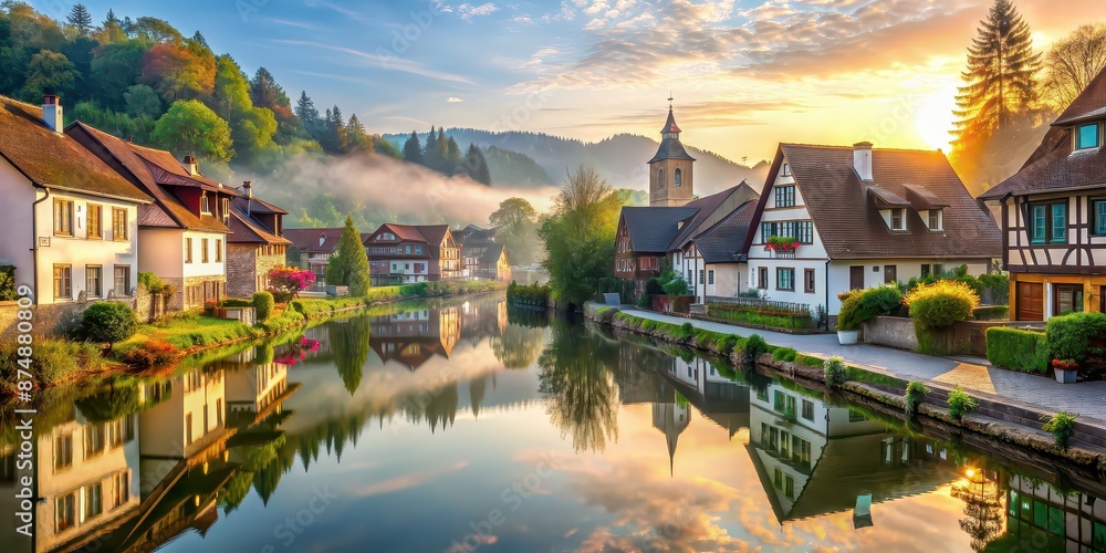 Obraz premium Peaceful morning in a quaint village , sunrise, countryside, rural, tranquil, village life, peaceful, calm
