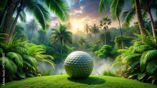 Fototapeta Naklejka Na Ścianę i Meble -  Exotic jungle backdrop envelops a tranquil golf scene, with a ball waiting to be retrieved from the vibrant green pitch.