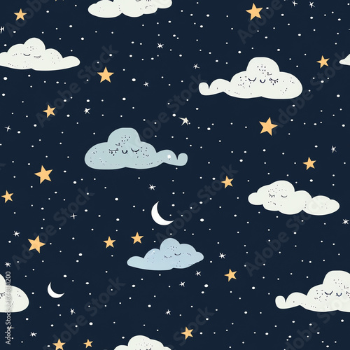 Seamless Pattern with Cute Clouds and Stars