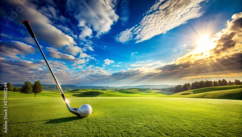 A serene landscape of lush green grass with a horizontal golf club and ball, surrounded by calm blue skies. photo