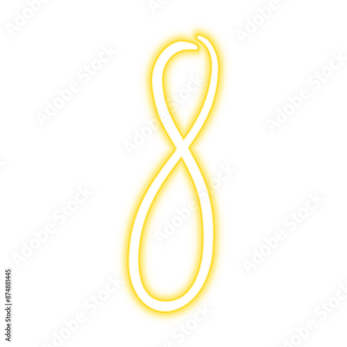 Illustration of neon number. Yellow golden luminous number 8 isolated on transparent background.