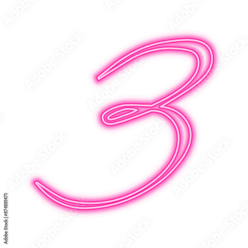 Illustration of neon number. Pink luminous number 3 isolated on transparent background.