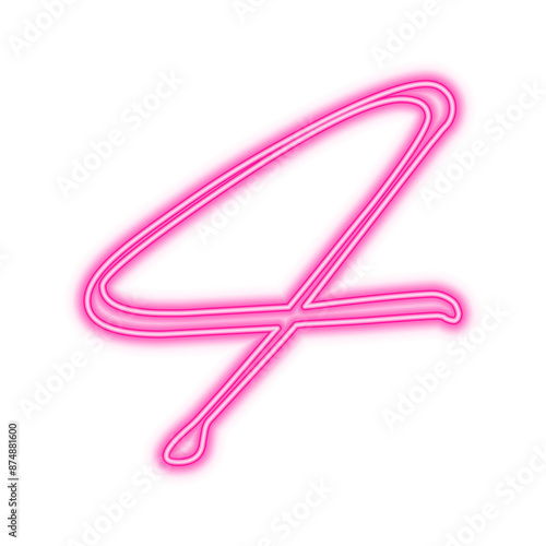 Illustration of neon number. Pink luminous number 4 isolated on transparent background.