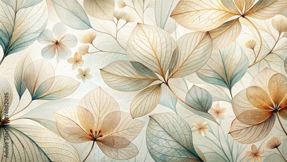 Ethereal beige transparent leaves with veined texture overlap delicate flower petals on a soft, natural, macro-textured botanical backdrop. Ethereal beige transparent leaves with veined texture overlap delicate flower petals on a soft, natural, macro-textured botanical backdrop.