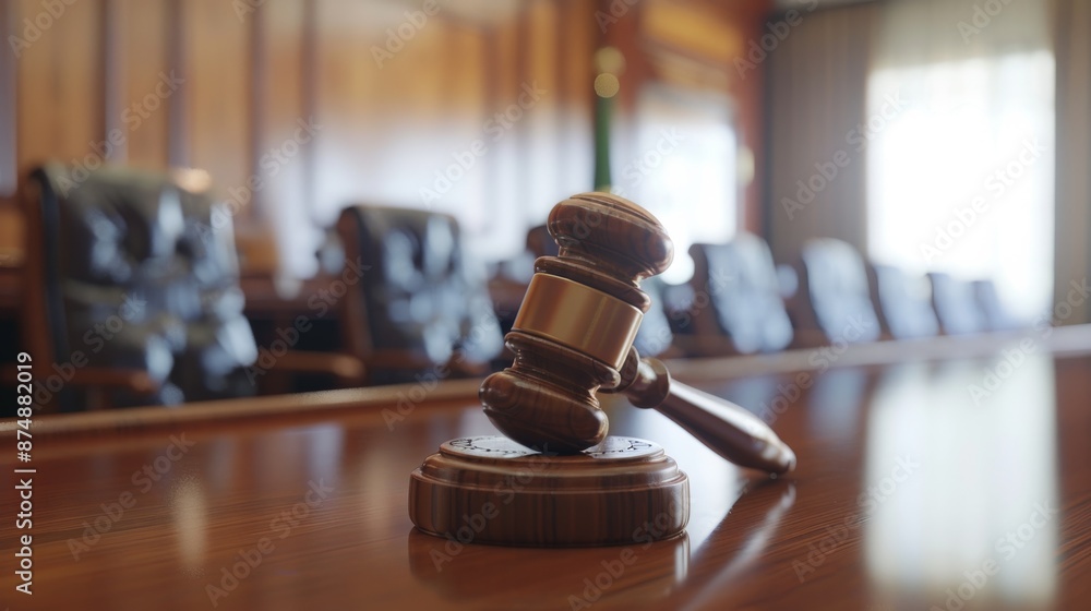 Wooden gavel on a conference table in a courtroom. Wooden gavel on a conference table in a courtroom.