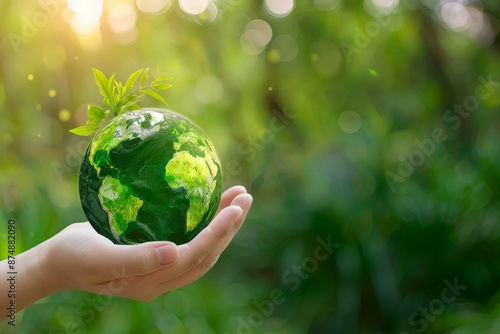 World Environment day concept for hand holding globe map with green planet environment illustration background