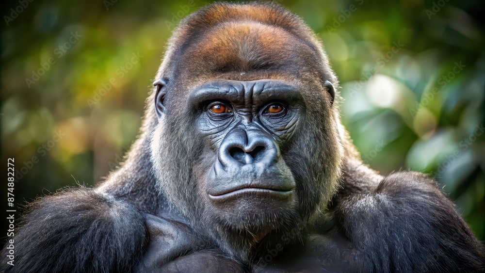 Majestic gorilla looking directly at the camera, gorilla, wildlife, mammal, primate, staring, intense, eyes, powerful, strong