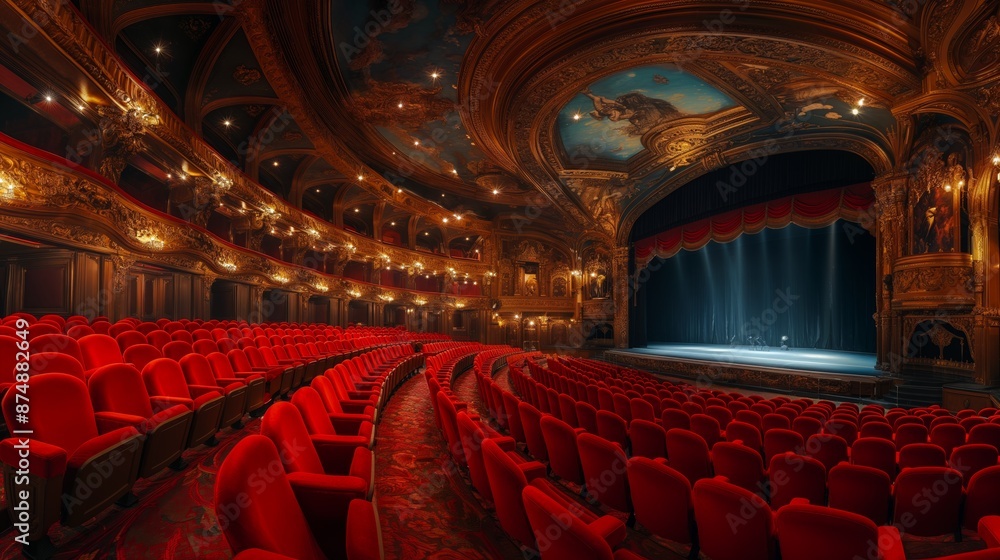 Opulent theater with red seats and intricate decor, spotlight on stage, evoking themes of art, culture, and entertainment in a grand setting.