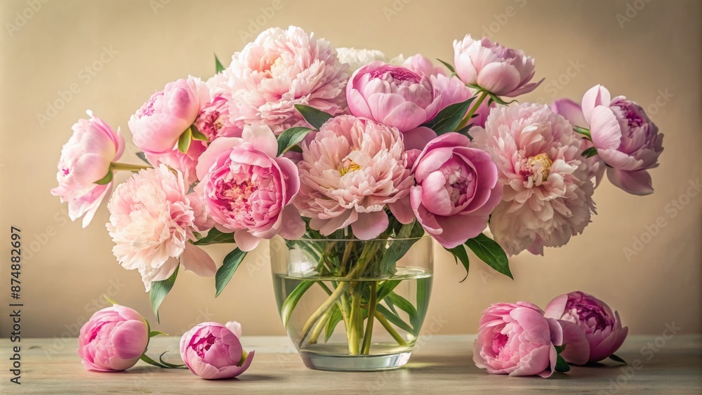 Delicate pink peonies overflowing from a clear glass vase adorned with subtle ornate details on a soft cream-colored background. Delicate pink peonies overflowing from a clear glass vase adorned with subtle ornate details on a soft cream-colored background.