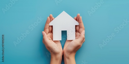 Hands holding a small white house model against a turquoise background. Symbol of real estate, home ownership, and housing market