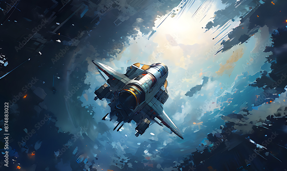 Spaceship flying through space, leaving a trail of smoke. Spaceship flying through space, leaving a trail of smoke.