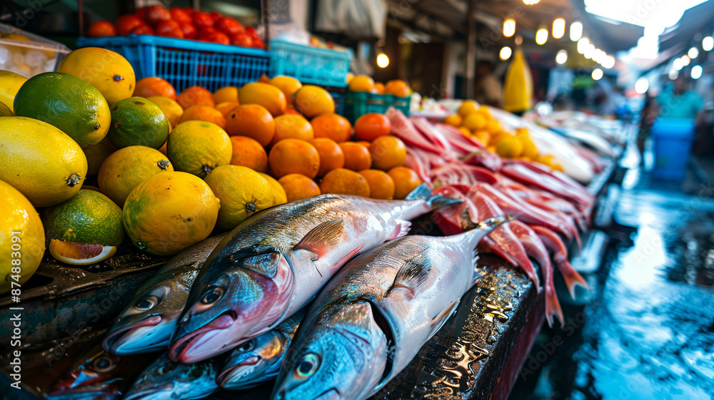 Fototapeta premium A colorful market stall overflowing with fresh fish and vibrant citrus fruits